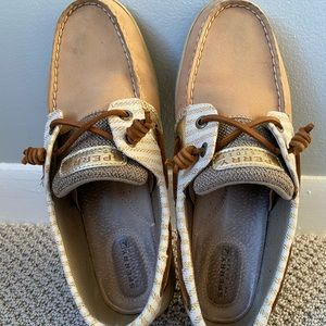 Beige Sperry Top Sider with gold accents